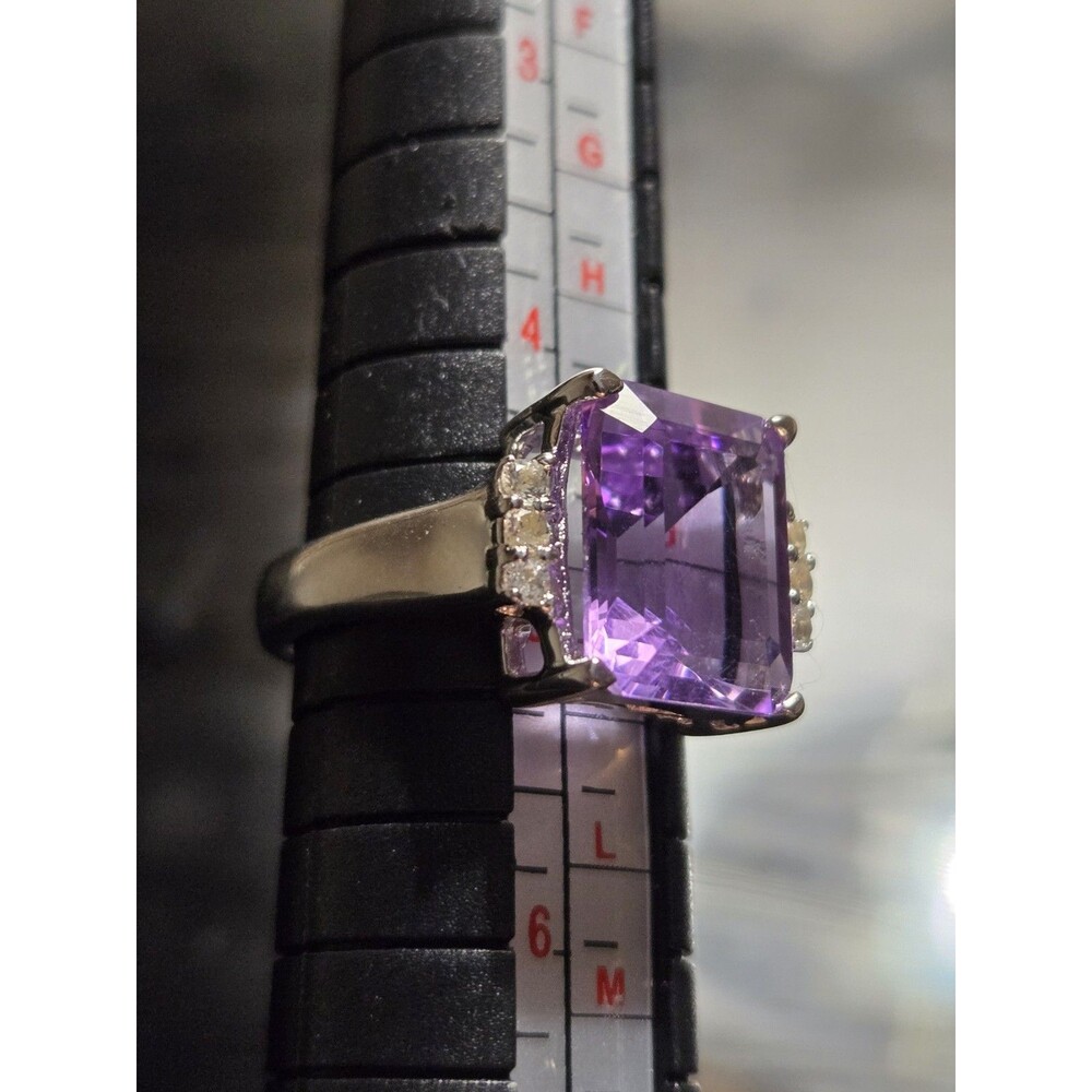 5.94 CTW Amethyst Ring, Large Emerald Cut Purple Gemstone Sterling Silver Size 5 - Picture 5 of 16